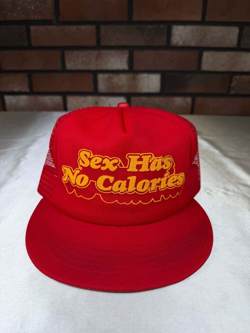 Vintage 80’s "Sex Has No Calories" Funny Red Trucker Hat Made in USA